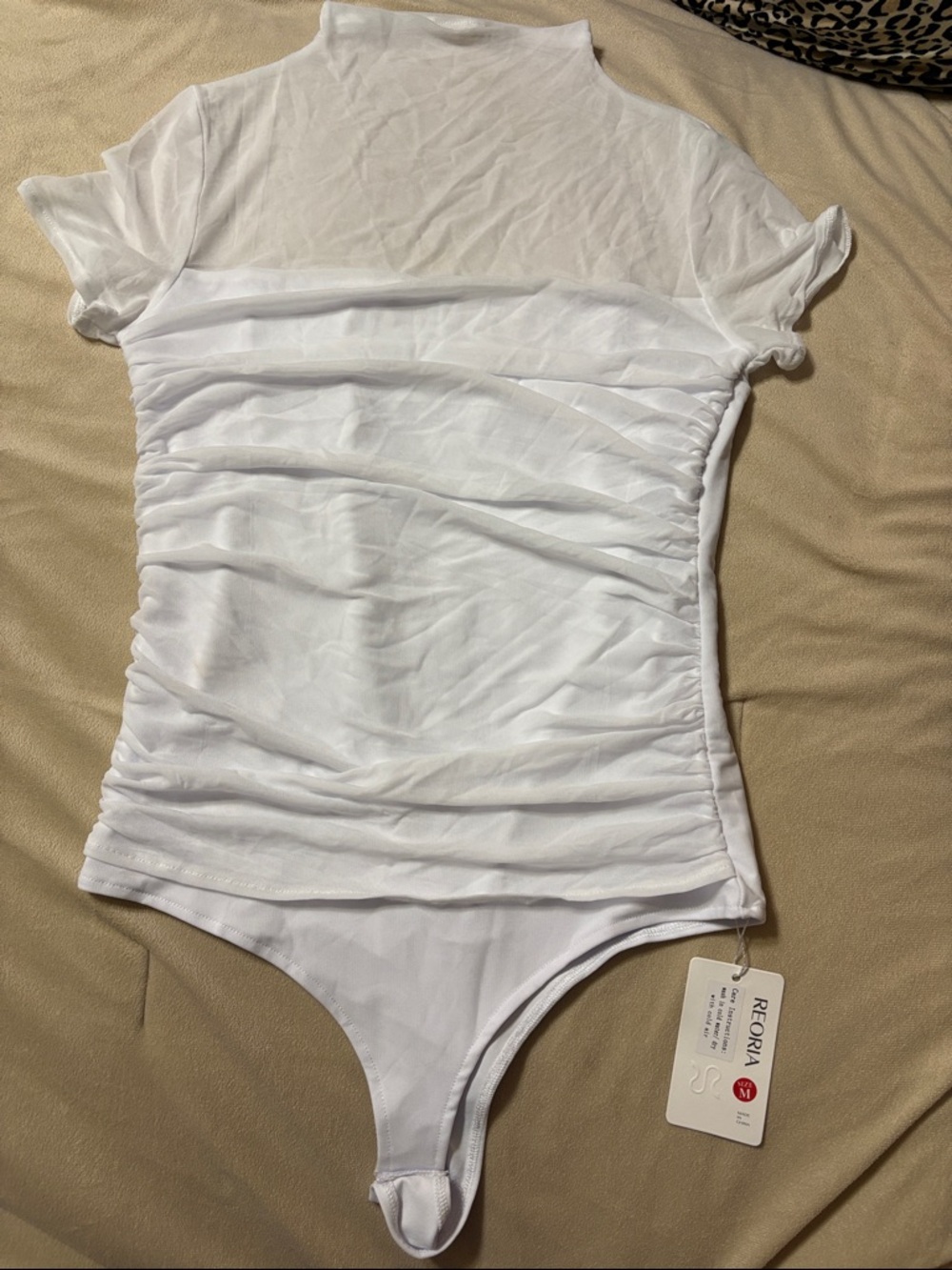 ReoRia White Ruched Mesh Bodysuit Top